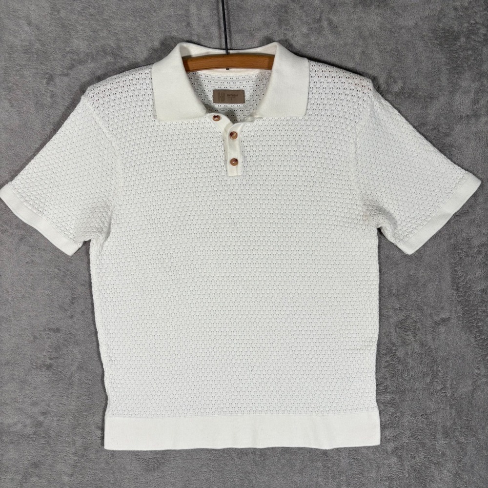 Hudson & Barrow Mens Cream Cotton Blend Open Weave Crochet Knit Polo Shirt Large